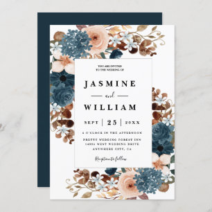 Convite Casamento Azul de Marinho Floral Rustic Boho