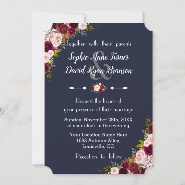 Convite Casamento Azul de Marinho Floral Rustic Marsala (Frente)