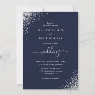 Convite Casamento Azul de Marinho Silver de Script Moderno