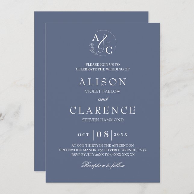 Convite Casamento Azul de Monograma (Frente/Verso)