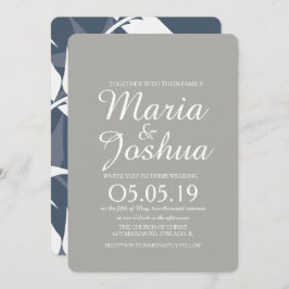 Convite Casamento Azul de Padrão Folha Marinho