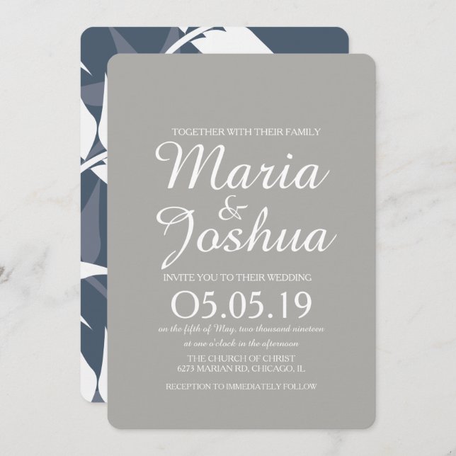 Convite Casamento Azul de Padrão Folha Marinho (Frente/Verso)