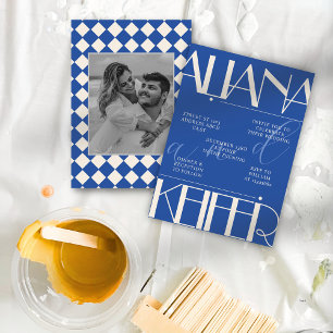 Convite Casamento Azul de Padrão Verificado Retrominimalis