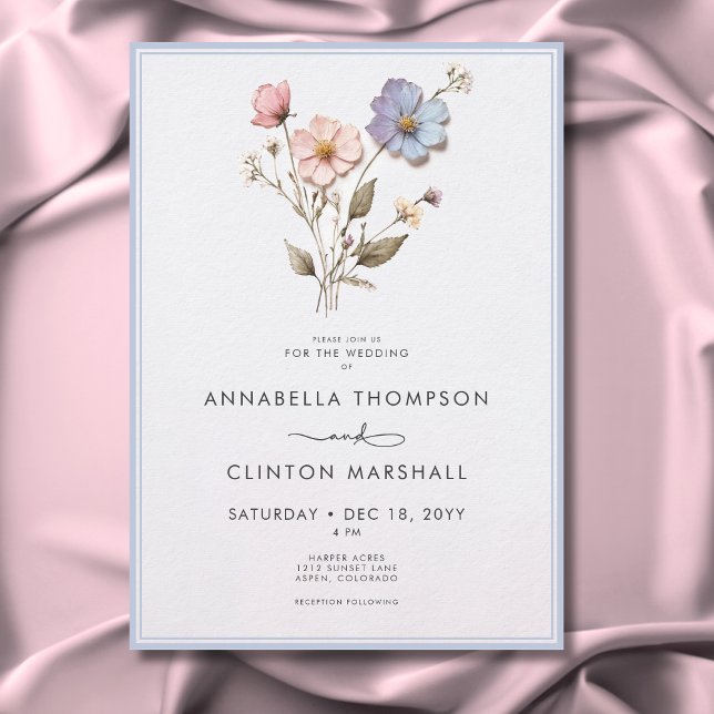 Convite Casamento Azul de Pastel Pressionado Moderno (Modern Pressed Pastel Wildflowers Blue Wedding Invitation)