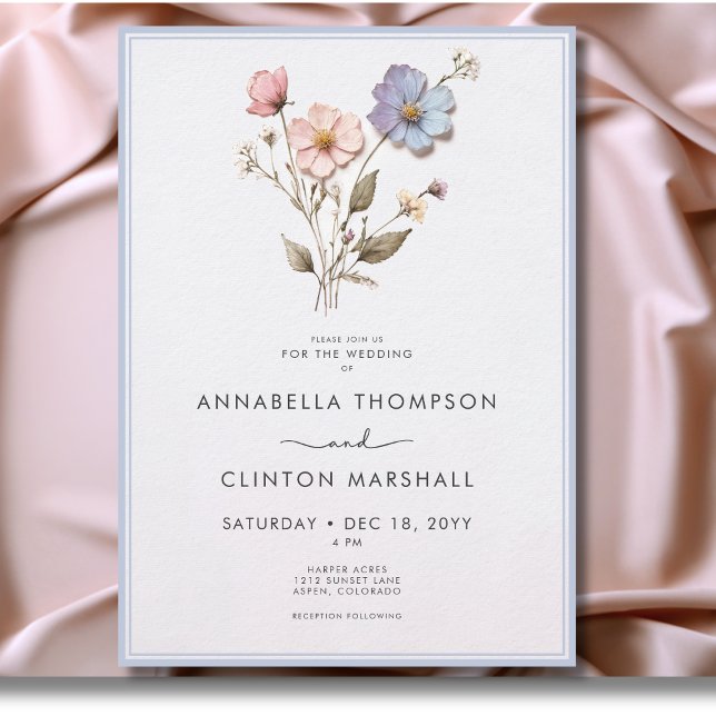 Convite Casamento Azul de Pastel Pressionado Moderno (Modern Pressed Pastel Wildflowers Wedding Invitation)