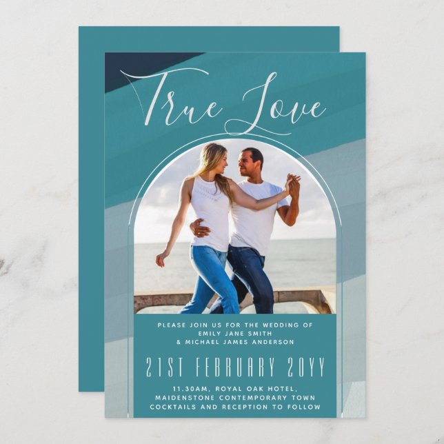 Convite Casamento Azul De Peacock No Oceano de Vidro Moder (Frente/Verso)