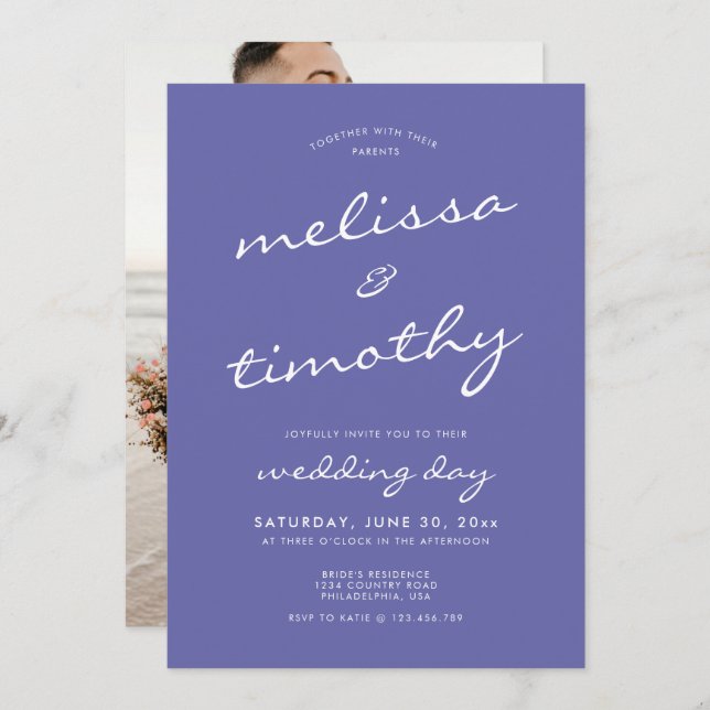 Convite Casamento Azul de Periwinkle com Script Minimalist (Frente/Verso)