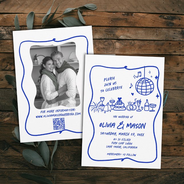 Convite Casamento Azul de Porte Moderno Desenho Mão Espalh (hand drawn wedding invitation doodle illustration squiggle wavy frame modern funky unique blue)
