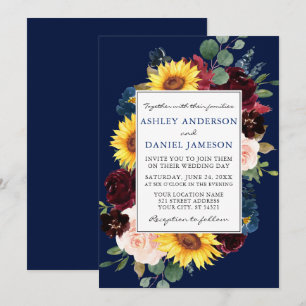 Convite Casamento Azul de Quadro Floral Misto Elegante