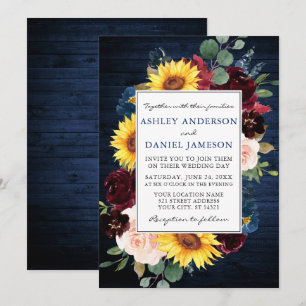 Convite Casamento Azul De Quadro Floral Misturado De Madei