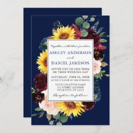 Convite Casamento Azul de Quadro Floral Misturado Elegante