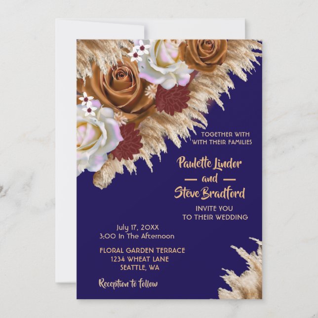 Convite Casamento Azul de Rosa de Cinnamon Marinho de Flor (Frente)