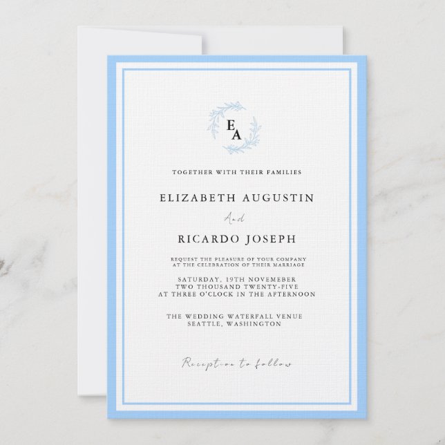 Convite Casamento Azul de Script Elegante e Chic (Frente)