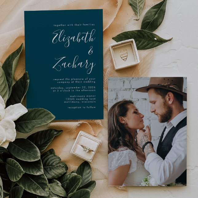 Convite Casamento Azul de Teal com Foto de Script Minimali (Criador carregado)