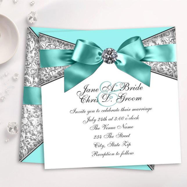 Convite Casamento Azul de Teal de Ouros Brancos (Elegant teal blue diamond wedding invitation. )