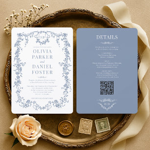 Convite Casamento Azul Desbotado Elegante Vitoriano Vintag