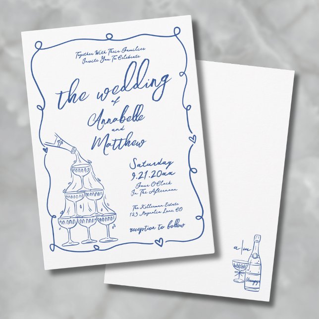 Convite Casamento Azul Desenhado Pela Mão (Whimsical Hand Drawn Blue Wedding Invitation)