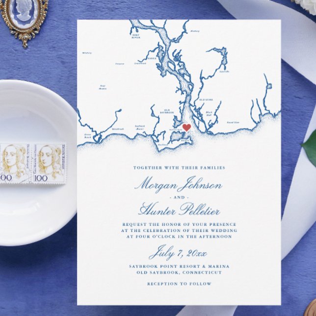 Convite Casamento Azul do Antigo Mapeamento do Marinho Ele (Old Saybrook Connecticut Map Wedding Invitation in elegant navy blue from Coastal Map Designs)