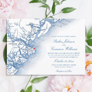 Convite Casamento Azul do Mapa da Geórgia, Ilha do Tybee E