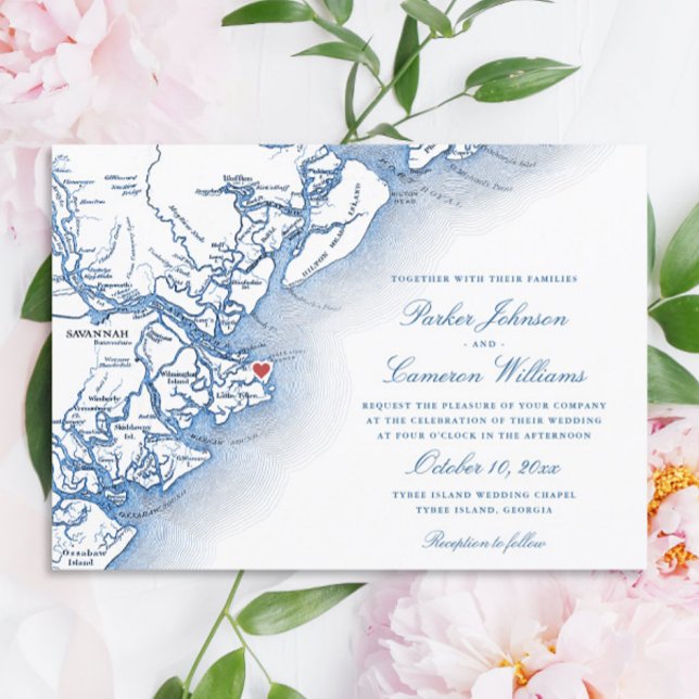 Convite Casamento Azul do Mapa da Geórgia, Ilha do Tybee E (Elegant Tybee Island Georgia Wedding Invitation with navy blue map from Coastal Map Designs)
