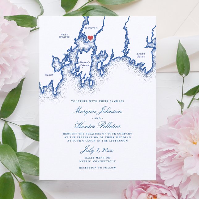 Convite Casamento Azul do Mapa Elegante do Marinho Mystic  (Mystic CT Map Wedding Invitation in elegant navy blue by Coastal Map Designs)