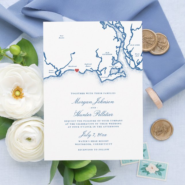 Convite Casamento Azul do Mapa Elegante do Marinho Westbro (Westbrook CT Map Wedding Invitation for an elegant blue Connecticut seaside destination wedding )