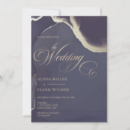 Convite Casamento Azul do Marinho Abstrato Dourado Moderno