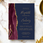 Convite Casamento Azul do Marinho de Agata Dourado Moderno<br><div class="desc">A borda esquerda deste elegante convite de casamento moderno mostra uma borda de água de cor azul,  aparada com brilho dourado. O texto personalizável combina manuscrito dourado,  fontes em copperplate e itálico em um fundo azul marinho. O lado inverso apresenta uma burgundy e uma design de agata dourada.</div>