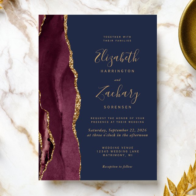 Convite Casamento Azul do Marinho de Agata Dourado Moderno (A perfect choice for a burgundy and navy blue themed wedding.)