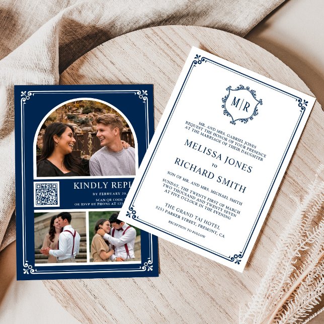 Convite Casamento Azul do Marinho de Colagem de Código QR  (Criador carregado)