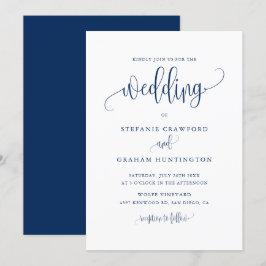 Convite Casamento Azul do Marinho de Script de Caligrafia