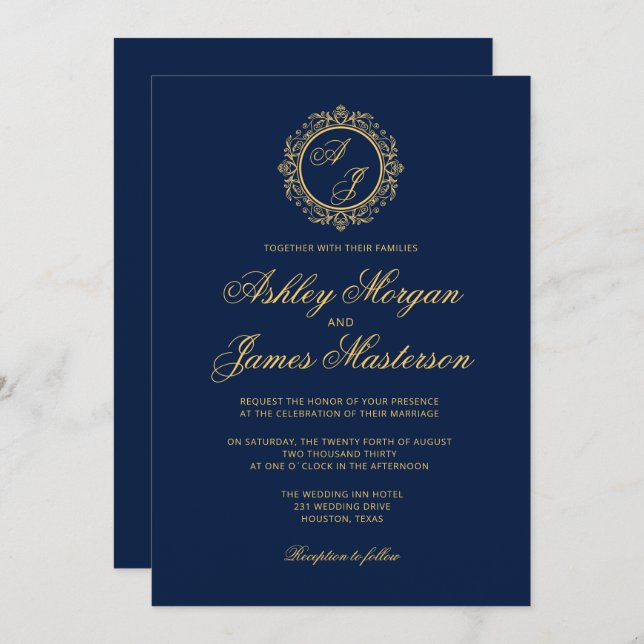 Convite Casamento Azul do Marinho Dourado Monograma Elegan (Frente/Verso)