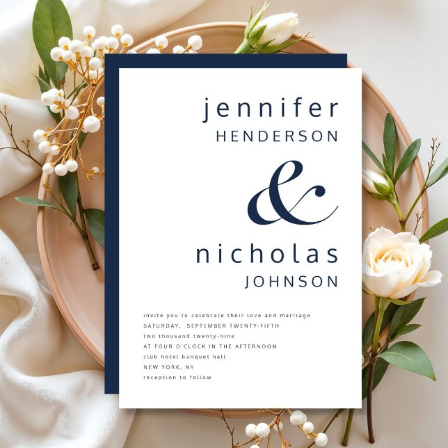 Convite Casamento Azul do Marinho Elegante Moderno (Modern Elegant Navy Blue Wedding Invitation)