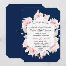 Convite Casamento Azul do Marinho Geométrico bonito Blush