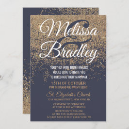 Convite Casamento Azul do Marinho Glitter Sparkles Dourado
