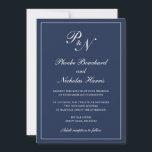 Convite Casamento Azul do Marinho Monograma Formal Elegant<br><div class="desc">Marinho de casamento azul de estilo tradicional com um design simples e clássico com seu monograma inicial e seus nomes em um dentro de caligrafia elegante de uma fronteira fina. Todos os elementos de design podem ser alterados na ferramenta de edição de design. Estes convites de casamento elegantes são perfeitos...</div>