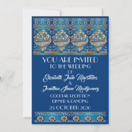 Convite Casamento Azul Dourado Antiquado - Evento Formal
