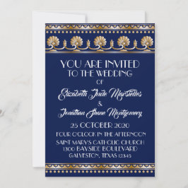 Convite Casamento Azul Dourado Antiquado - Evento Formal