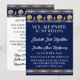 Convite Casamento Azul Dourado Antiquado - Evento Formal