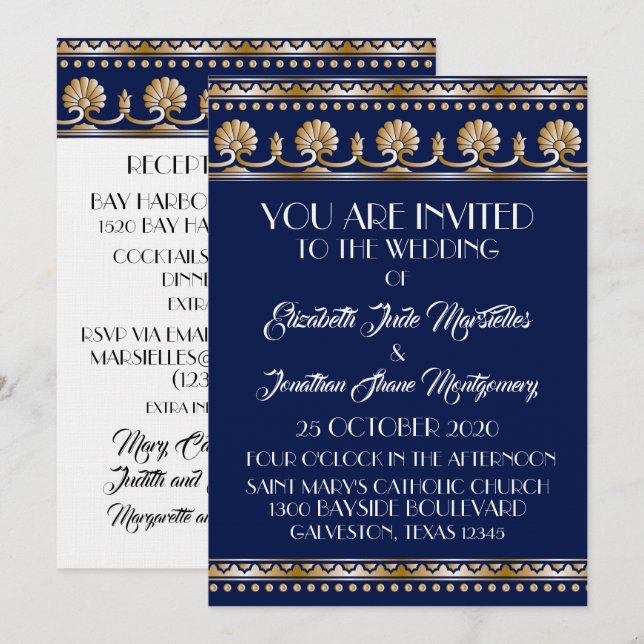 Convite Casamento Azul Dourado Antiquado - Evento Formal (Frente/Verso)