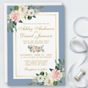 Convite Casamento Azul Dourado Floral Rosa-Cor-de-Água