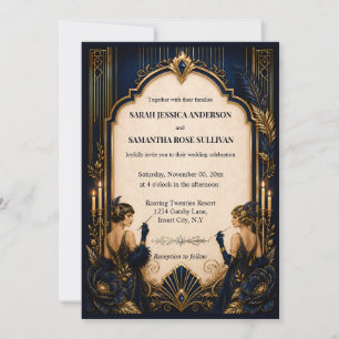 Convite Casamento azul dourado Gatsby flapper anos 20