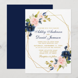 Convite Casamento Azul Dourado Geométrico Rosa
