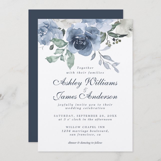 Convite Casamento Azul-Dusta Rosa Azul-marfim-escuro (Frente/Verso)