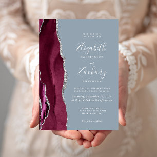 Convite Casamento Azul Dusty, Agate Silver Modern Burgundy