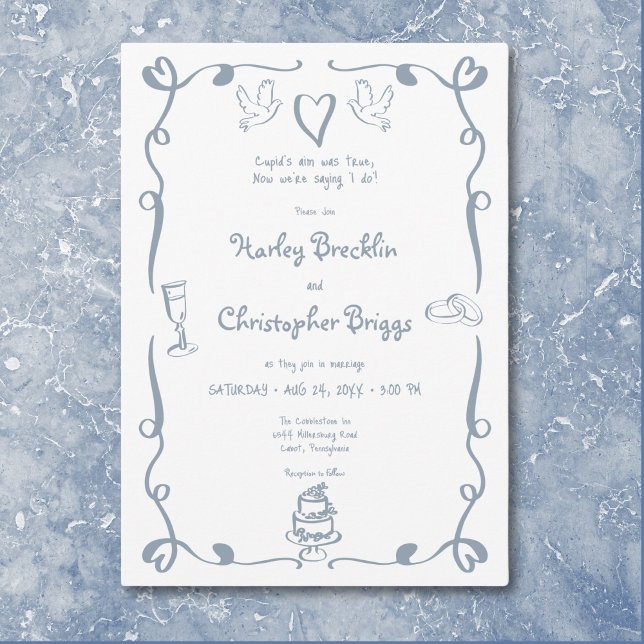 Convite Casamento Azul Dusty Com A Mão Retrópica (Whimsical Retro Hand Drawn Dusty Blue Wedding Invitation)