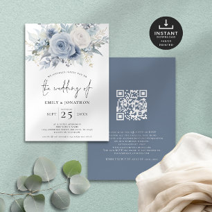 Convite Casamento Azul Dusty com Código QR das Florais Mod