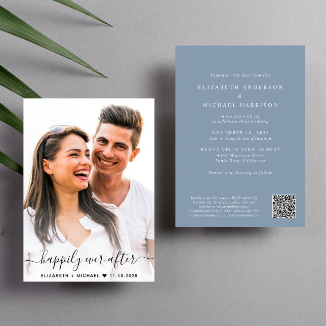Convite Casamento Azul Dusty com Código QR de Foto de Scri (Elegant all-in-one wedding invite featuring your photo + a QR code linked to your wedding website)
