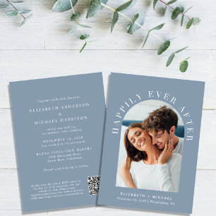 Convite Casamento Azul Dusty com Código QR de Foto em Arch