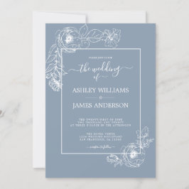 Convite Casamento Azul Dusty com Contorno Floral Chic Scri